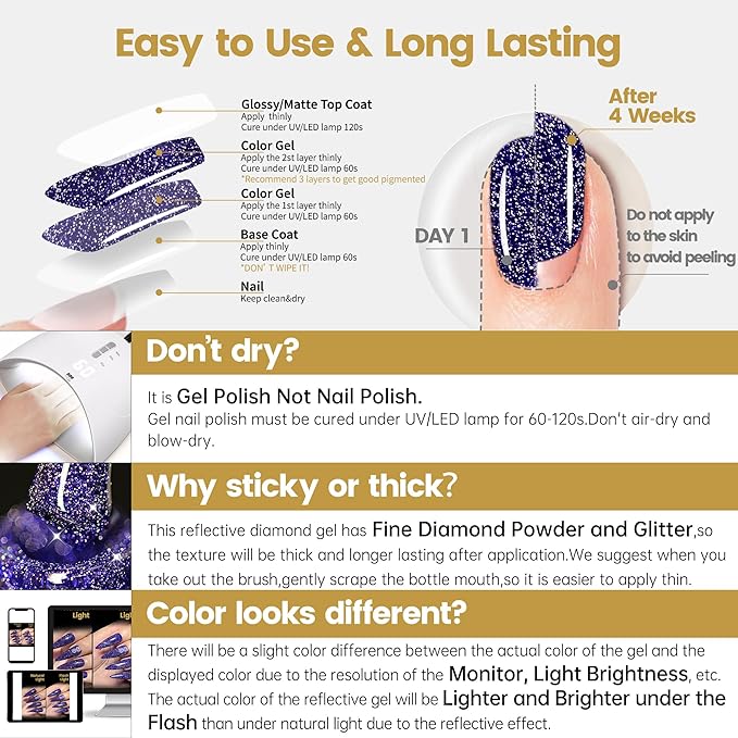 YTD Likomey Reflective Glitter Gel Nail Polish,15ml Lavender Purple Flash Diamond Shimmer Gel,Sparkly Shiny Salon Home Manicure Fall Winter UV Varnish,SZ015