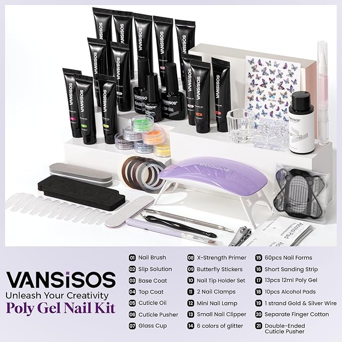 Poly Gel Nail Kit: Summer Colors Polygel Nail Kit with Slip Solution Portable UV/LED Nail Lamp and Complete Extension Accessories for Easy Home Manicure