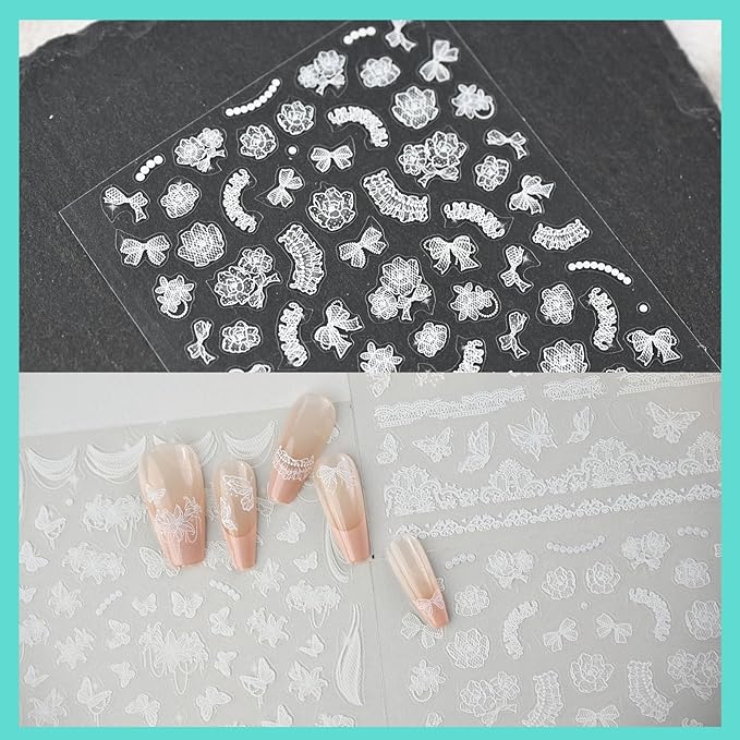 Lace Butterfly Nail Art Stickers, Thin White Nail Decals, Self-Adhesive, Summer Spring Nail Accessories for Women, Nail Decorations 3 Sheets