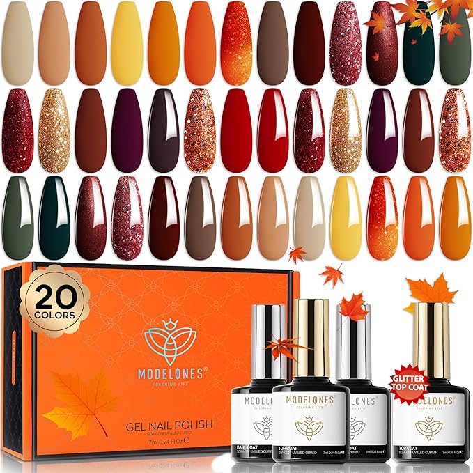 modelones 20 Colors Gel Nail Polish Kit, Fall Winter Gel Polish Set Soak Off Nail Polish Kit with Glitter, Glossy and Matte Top Base Coat DIY Manicure at Home