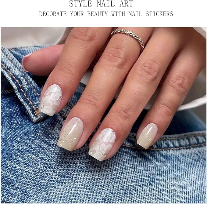 JMEOWIO Gel Nail Stickers White Flower Glitter Semi Cured Gel Nail Strips Wraps UV/LED Nails Art Design Decoration Accessories
