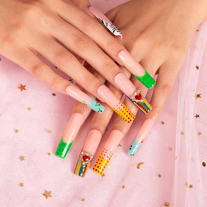 LOVFUL Press on Nails The Wonderful Meadow | Handmade with Full Covered Crystals | Reusable Fake Nails | Square Mid length 1.7in | H224-S