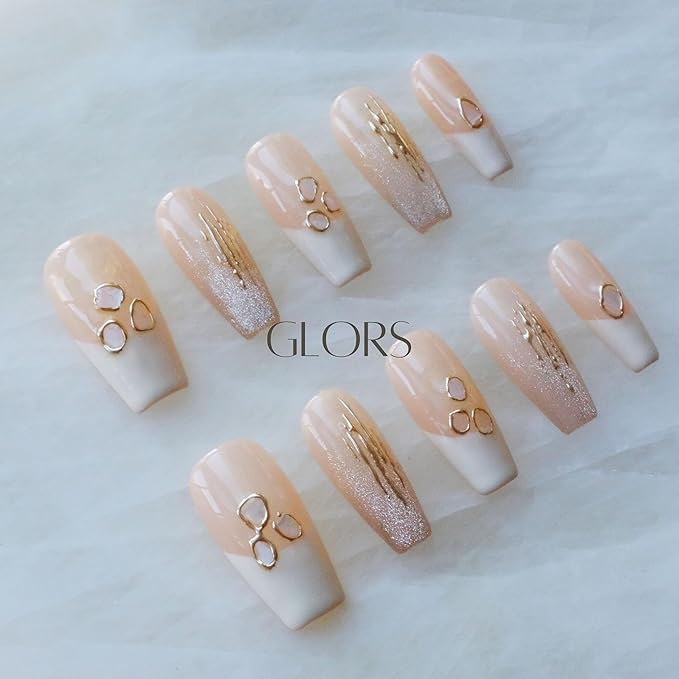Handmade Press On Nails, Long Ballerina Shape, Pink and White Shell Design, 10 Pieces (Small,LB)