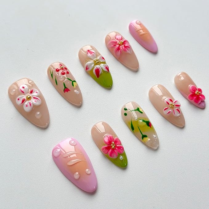 Luxury Press on Nails Medium Almond Handmade 3D Unique Reusable ABS Material Fake Nails French Tip False Nails with Designs Pink Flower Water Ripple Glossy Glue on Nail Thick Acrylic Nail(M)