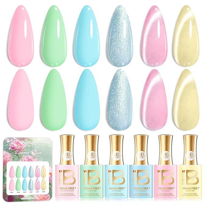 Beetles Hema Free Gel Polish Set, 15 ML 6 Colors Pastel Cat Eye Pink Green Blue Glitter Gel Nail Polish Kit Soak Off UV Nail Art DIY at Home Salon Spring Summer Easter Gift for Women