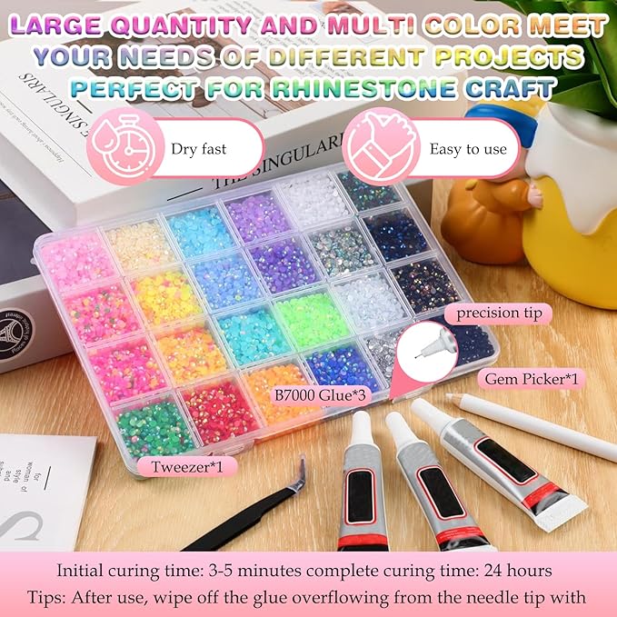30000Pcs 28 Colors Resin Jelly Rhinestones for Bedazzling, Multicolor 3mm Flatback Gems for Diamond Art 3Pcs Jewelry Glue for Bedazzled Nail Art Makeup Crafting Book Shoes
