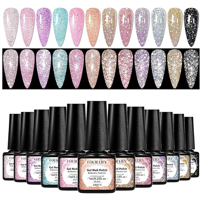 12 Pcs Reflective Glitter Gel Nail Polish, Shimmery Gel Polish Set Sparkly Shiny Gel Soak Off UV LED Nail Art Varnish Manicure Kit DIY at Home