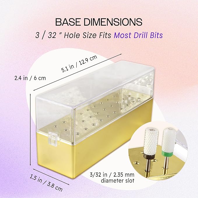 PANA Rectangle Nail Drill Bit Holder Display Organizer Case - Dustproof Carbide Bit Storage Container Box For Manicure Tools Nail Salon - 30 Holes Gold (Drill Bits Not Included)