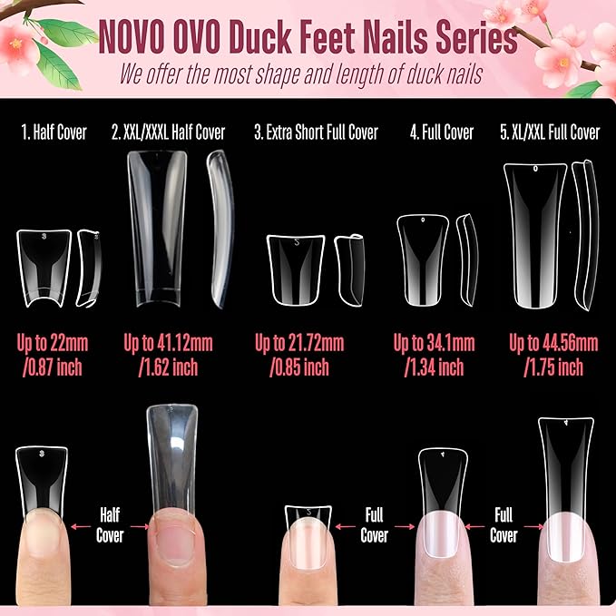 NOVO OVO Duck Feet Nail Tips for Small and Medium Hand, Extra Short Full Cover Press On Acrylic, Clear Full Coverage Thick Flare French Soft Gel Fake False Nail Extension x 12 Sizes 120 pcs