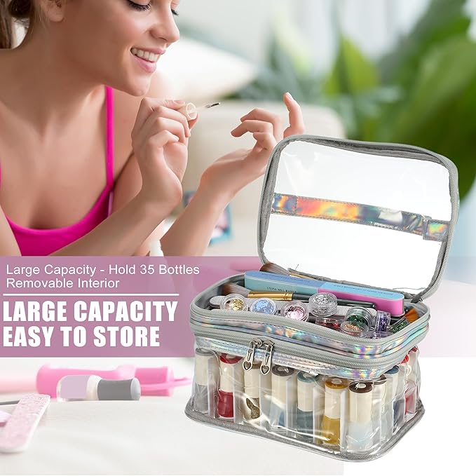 VOCOSTE Nail Bag, Carrying Case Holds 35 Bottles, Art Set Organizer, Travel Storage for Nail Polish, Silver Tone
