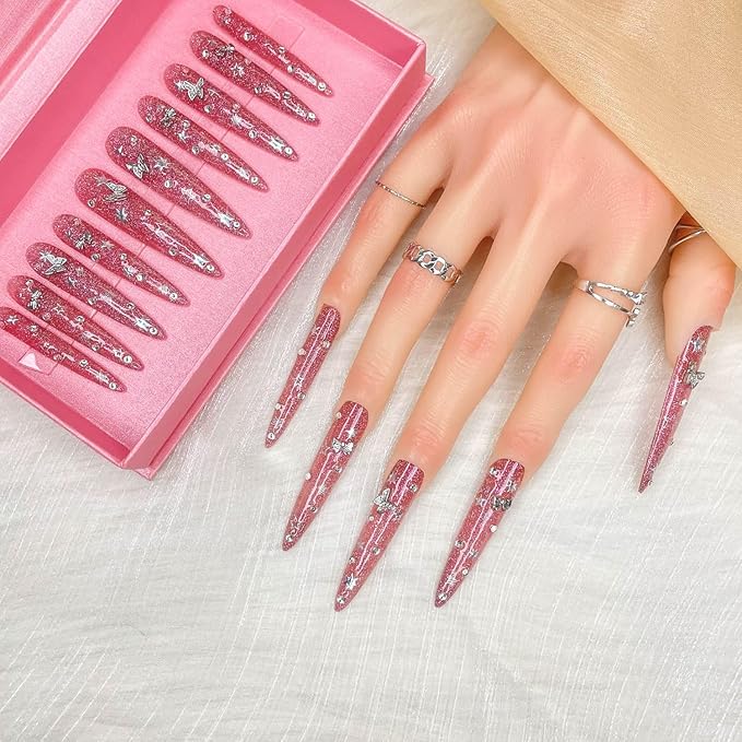 2025 Long Novel Design Reusable 100% Handmade Press-On Nails 10PCS PMMA Acrylic Nail Kit with Box Gifts for Women (Pink Mirage, Medium)