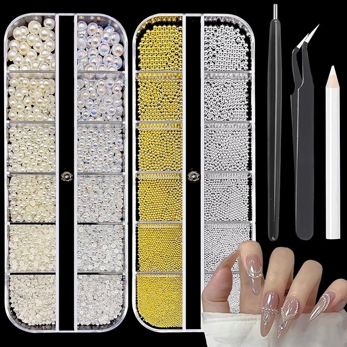Nail Charms Jewels Manicure Kit with Magnetic Pen Pickup Pencil and Tweezers, Gold Silver Mini Metal Caviar Nails Beads, Flatback Pearls Nail Gems for Nail Art Face Makeup and Manicure Decor