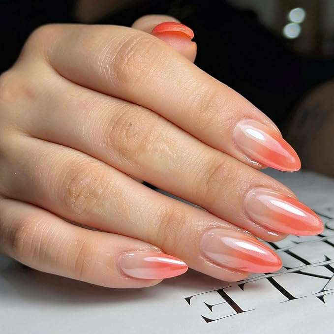 Chrome Press On Nails Almond, Glazed Ombre Nude to Coral Pink Glue on Nails Medium Press Ons, Acrylic Natural Fit Stick on Nails in 12 Sizes - 24Pcs Fake Nail Kit for Women Daily & Party Wear
