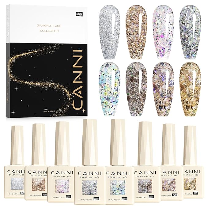 CANNI Gel Polish Glitter Gel Nail Polish Set, 8 Colors Shiny Amber Silver Gold Rose Pink Stone Glitter Gel Polish U V LED Soak Off Manicure Kit Gift for Women Girls