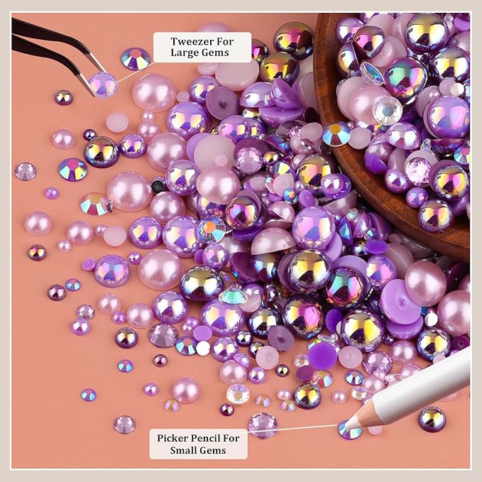 80g Flatback Pearls and Rhinestones for Crafting, Purple 3-10mm Resin Rhinestones and Half Pearls for Bedazzling, Nail Art and Dec with 3pcs 10ml B7000 Jewelry Glue, Tweezer and Pickup Pencil
