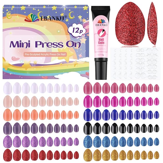 EBANKU 288Pcs Short False Nails, 12 Pack Almond Press On Nails, Sparkle and Glossy Short Fake Nails With Glue and Adhesive Pad