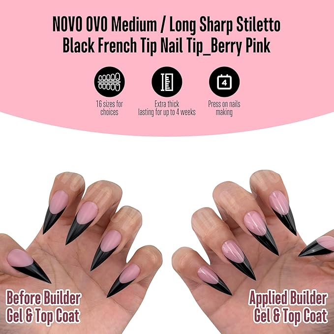 NOVO OVO Black French Tip Sharp Stiletto Pointed Medium Long Nail Tips Press on Berry Pink, Soft Gel Fake Acrylic Extension, Full Cover False Nails for Salon DIY x 16 Sizes 160 pcs