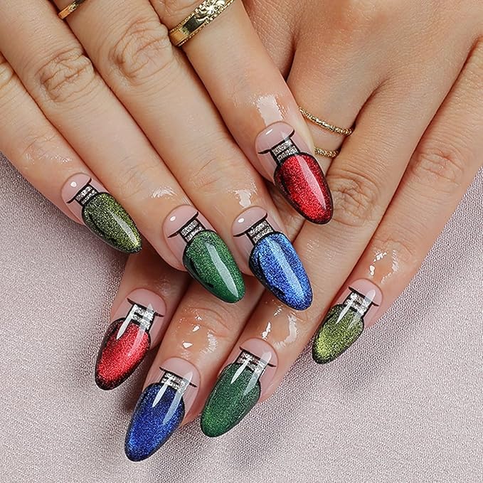 Handmade Press on Nails Luxury Glitter Christmas Lights French Tip Fake Nails Green False Nail Design Handmade Thickened Artificial Acrylic Nail Press ons Almond Nails Glue on Nail for Women（Size L）