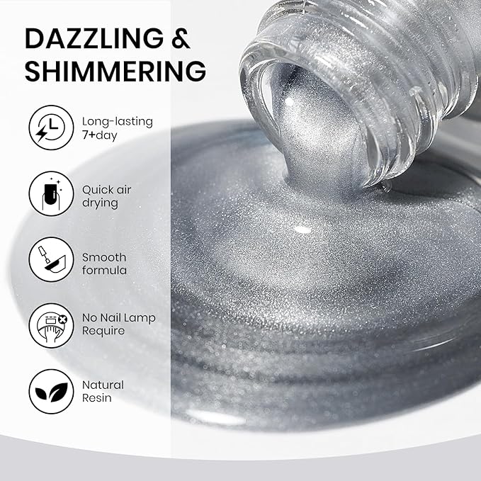 Silver Metallic Nail Polish Quick Dry Mirror Nail Polish Non Gel High Glossy Nail Lacquer Air Dry Chrome Nails Polishes Oil-based Holo Fingernail and Toenail