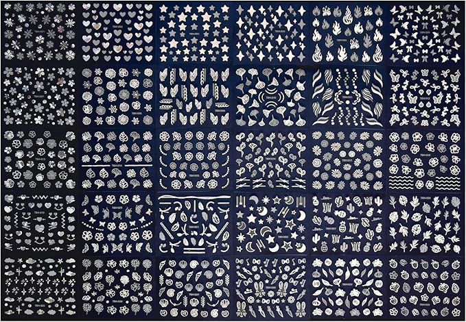3000Pcs 60 Sheets Silver Nail Art Stickers Silver Aurora Nail Stickers Decals 3D Self-Adhesive Star Flower Nail Decals for Women Girls Salon Home DIY Manicure Nail with Tweezers Included…