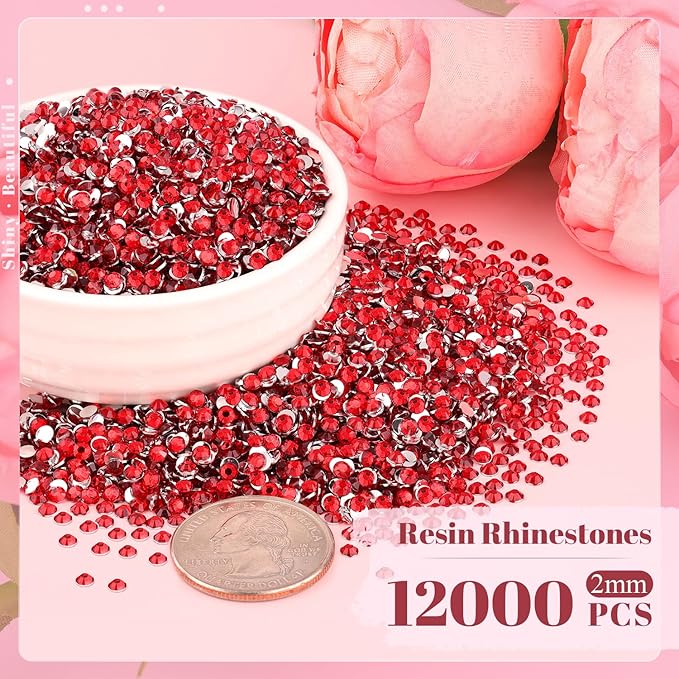 12000PCS 2mm Resin Rhinestones Bulk for Crafting (Red), Flatback Bedazzling Crystals for Crafts DIY Nail Decoration, Gems Charms for Tumbler Shoes Clothing Fabric with Pickup Pen and Tweezers