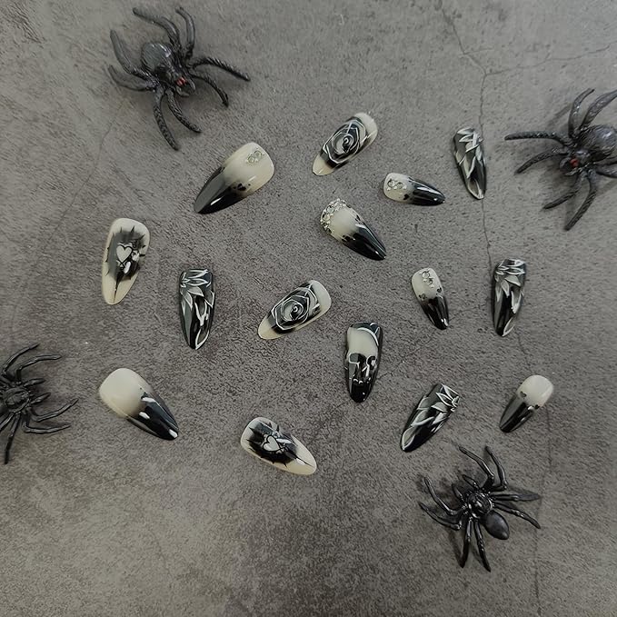 Stiletto Press-on Nails - Goth Fake Nails with Skull & Black Rose Design, Rhinestone Full Cover Acrylic Nails, 24pcs for Women, Girls & Halloween Manicure