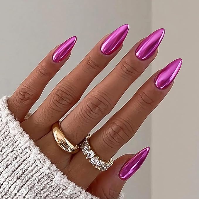 Chrome Press On Nails Almond, Metallic Purple Pink Mirrored Glue on Nails Medium Press Ons, Acrylic Natural Fit Stick on Nails in 12 Sizes - 24Pcs Fake Nail Kit for Women Daily & Party Wear