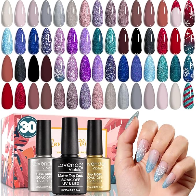 Lavender Violets 30 Pcs Gel Nail Polish Set, 27 Colors Purple Blue Brown Red with Glitter Glossy Matte Gel Base and Top Coat Set for Nail Art C975