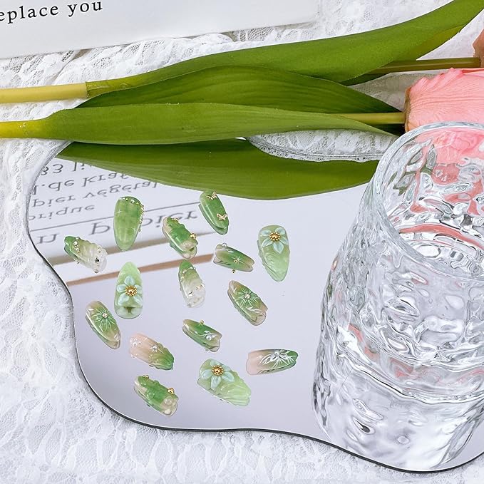 30Pcs Green Press on Nails Medium Almond Fake Nails with 3D Pearl Gold Beads Designs Stick on Nails 3D Flower Butterfly False Nails Spring Summer Acrylic Nails Silver Star Glue on Nails for Women