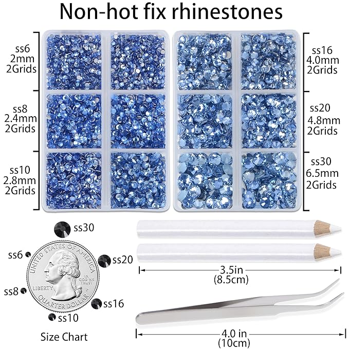 LPBeads 6000 Pieces Lt Sapphire Non Hotfix Rhinestones 6 Sizes Round Crystal Glass Flat Back Rhinestones with Tweezers and Picking Pen for Nail Art Crafts Clothes Bags DIY