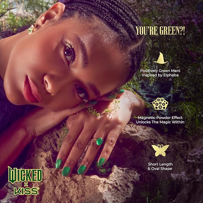 WICKED X KISS Press On Nails, ‘You’re Green?!’, Green, Short Oval, Waterproof, Chip Proof, Smudge Proof, 28 Fake Nails, Pink Gel Nail Glue (2g), Mini Nail File, & Manicure Stick