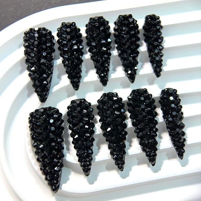 Almond Press on Nails Long Black Rhinestones Handmade Fake Nails Luxury Full Cover False Nails with 3D Designs Acrylic Nails Press Ons Sparkly Reusable Stick on Nail for Women 10Pcs(Size M)