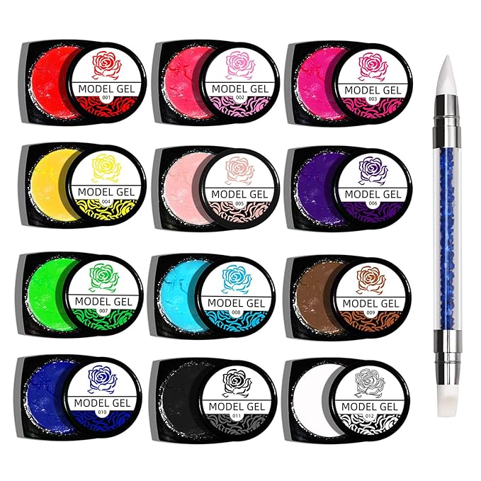 12 Colors Sculpture Painting Set, 3D Nail Art Set with Carved Painting Pen, Salon Creative DIY Gel Nails