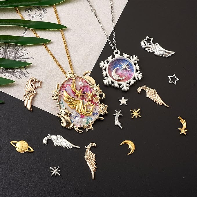 Pandahall 120Pcs Zinc Alloy Cabochons Charms Enamel Settings Mixed Shapes Wing Star Moon Asterism Links Cobochons for DIY UV Resin Epoxy Resin Filling