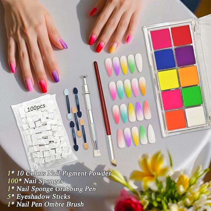 Nail Pigment Powder Set - 10 Colors Nail Ombre Powder for Nail Art, with 100pcs Nail Sponges with Grabbing Pen, Ombre Nail Brush, 5 Sponge Sticks, DIY Manicure Tools