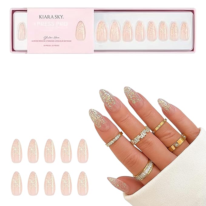Kiara Sky Press On Nails | XPRESS PRO 100% Acrylic Nails | 30-Piece Kit Includes Nail Glue, Cuticle Pusher, File & Prep Pad | Almond Medium - Glisten Here