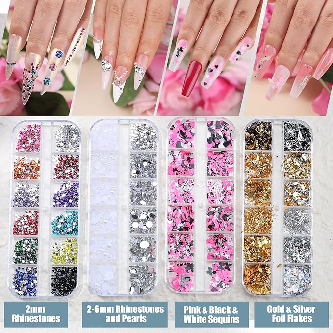 Nail Art Brushes Set,Nail Art Kit for Beginners,Brushes Dotting Pens with Striping Tape,Mini Caviar Beads,Rhinestones,Pearls,Foil Flakes,Sequins,Stickers Manicure Design Tools(Black)
