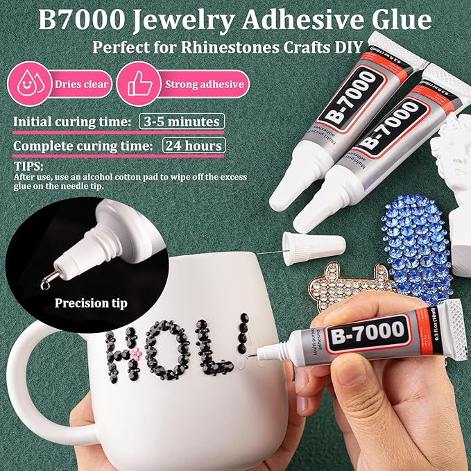 Resin Black Rhinestones for Bedazzling with B7000 Jewelry Glue, 1 Box Flatback Crystals with 3Pcs 10ml Glue for Crafting, Gems for Nail Art Makeup