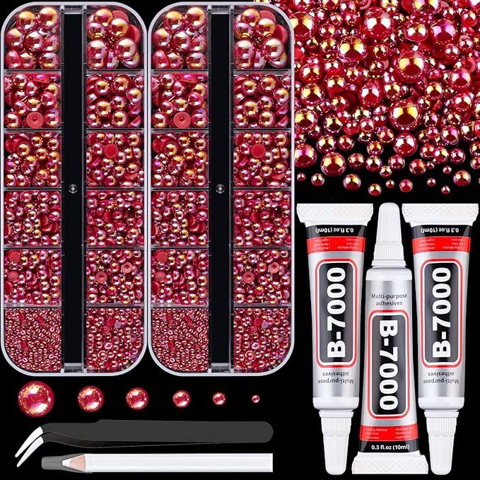 Flatback Pearls for Crafting with 3Pcs 10ml B7000 Jewelry Glue, 2 Boxes of Half Round Red AB Pearls, Bedazzling Beads for DIY Crafts Clothing Tumblers Shoes Embellishment Nail Art