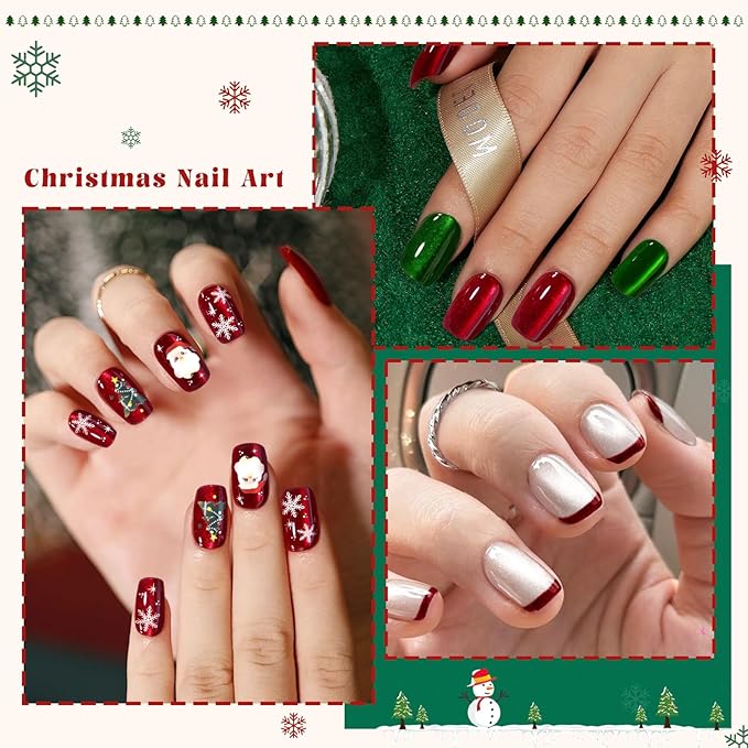 Christmas Press on Nails Short Square Set, 150pcs Jelly Glass Mirror Chrome Cat Eye Nails, Shimmer Snow White Glitter Cherry Red Ruby Holographic Elk Brown Sparkle Green Nails with Stickers