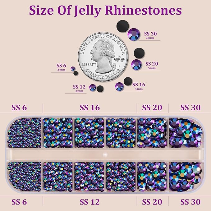 Resin Jelly Rhinestones for Crafting with B7000 Jewelry Glue, 1 Box Purplish Black AB Flatback Crystal with 3Pcs 10ml Glue, Bedazzling Non Hotfix Gems for DIY Tumblers Clothing Shoes Manicure