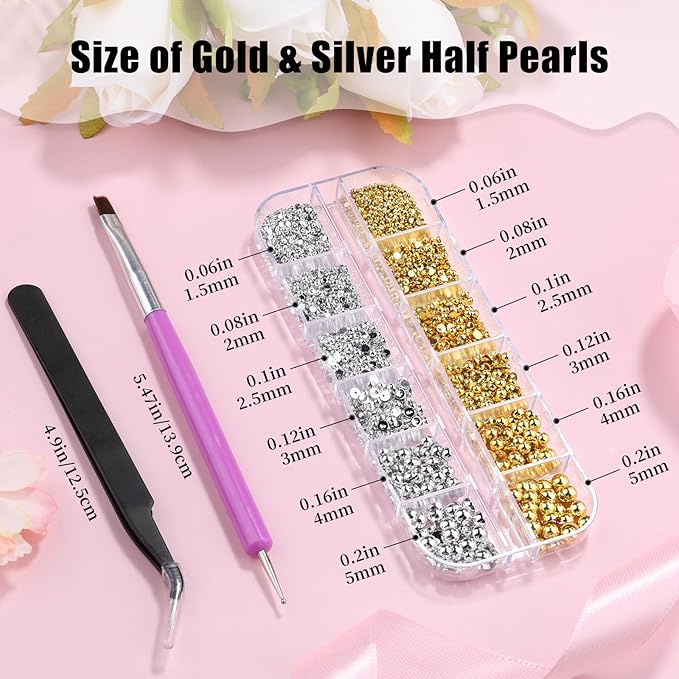 Gold and Silver Nail Charms and Gems, 1.5-5mm Half Round Flatback Nail Pearls Ball Beads Silver Gold Pearls for Nails with Pickup Pencil and Tweezers (12-K1-half-pearls-gold-silver)