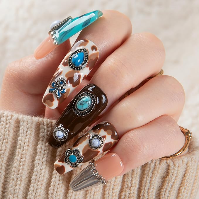 LOVFUL Short Press on Nails Cowgirl’s Dream | Handmade Acrylic Press ons | Reusable Fake False Nails | Coffin Classic Regular 1.3 in | H644-L