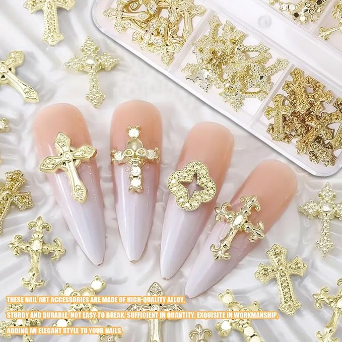 3D Cross Nail Charms for Nail Art, 60 Pcs Metal Crystal Cross Nail Decorations, Alloy Nail Studs and Rhinestones for Women Girl DIY Jewelry Crafts Supplies (Gold B)