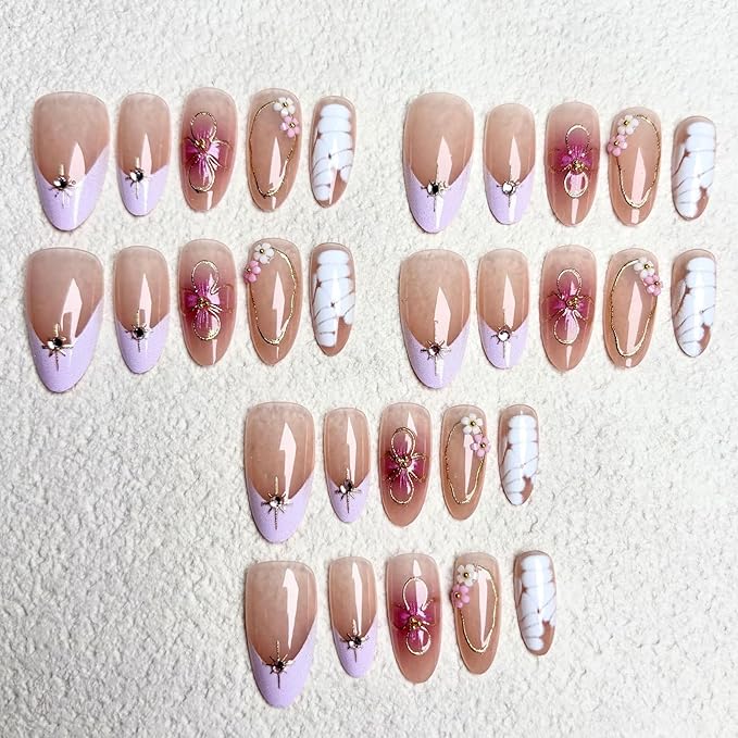 30Pcs Handmade Press on Nails, Rhinestone Stick on Purple French Tip False Nails with 3D Gold Flowers Lines Designs Pink Glossy Glue on Nail Full Cover Press Ons Fake Nails for Women