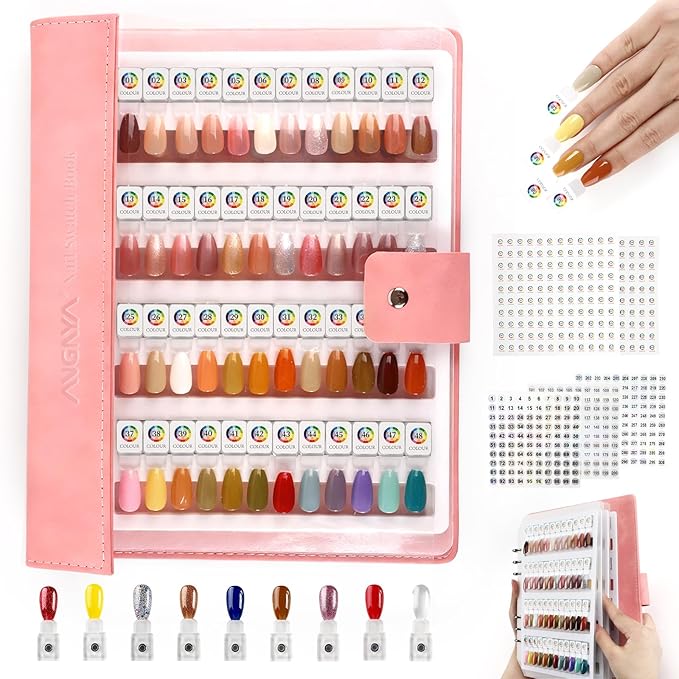 ANGNYA Magnetic Nail Swatch Book, 192 Nail Color Book Leather Nail Sample Display Book with192 Magnetic Tips&1-240 Number Labels, Perfect for Professional Salon Nail Art Color Chart & Practice Stand