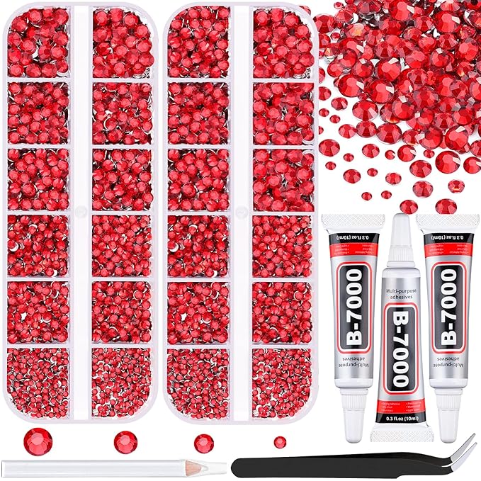 12100Pcs Red Rhinestones Craft Kit with 3Pcs 10ml B7000 Jewelry Glue, 2 Boxes Flatback Crystals for DIY Nail Art, Resin Gems for Clothing Shoes