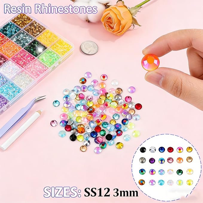 USLVL 28 Colors Resin Jelly Gems Bedazzling Kit, 3mm Flatback Rhinestone Gems for Nail Art Crafts, with 3 Bottles B7000 Glue for Clothes, Shoes, Bedazzled DIY JewelryMaking 1