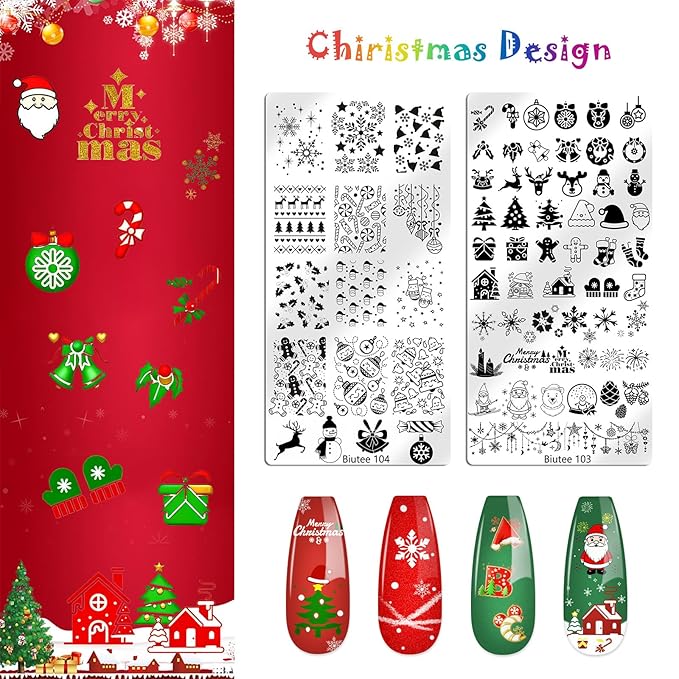 Biutee Nail Stamping Plate Set 12PCS Nail Art Stamp Plates 8PCS Stamping Nail Gel Polish, Nail Stamper and Scraper, Butterfly Leaves Bow Design Nail Stamping Kit with Storage Bag