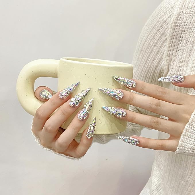 3D Handmade Long Stiletto Press on Nails Almond Acrylic Fake Nails Kit,Rhinestone Luxury glitter Design Nail Art Kit,Reusable False nails,Include Toolkit,10Pcs,Size S,#986
